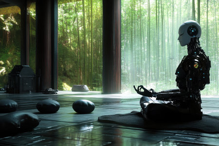 A humanoid robot sits cross-legged on a mat, practicing meditation in a serene bamboo setting with modern design.の写真素材
