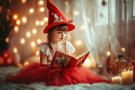 A child wearing a vibrant red hat engrossed in a storybook amid soft glowing lights and a festive atmosphere.の写真素材
