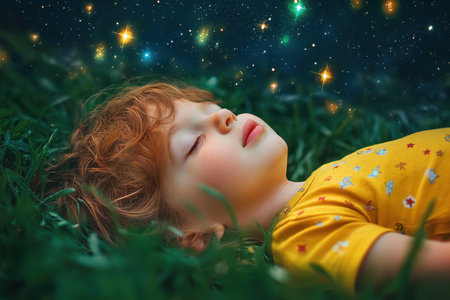 A child relaxes on green grass, peacefully dreaming under a sparkling starry sky at dusk.の写真素材