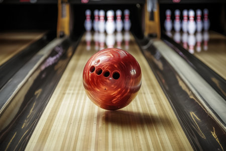 A brightly colored bowling ball travels down a polished lane toward a set of pins as players watch eagerly.の写真素材