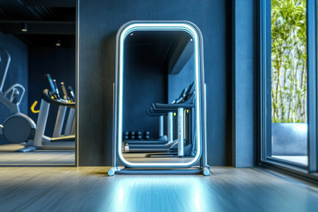 A sleek fitness space with a glowing mirror reflecting gym equipment and inviting natural light.の写真素材