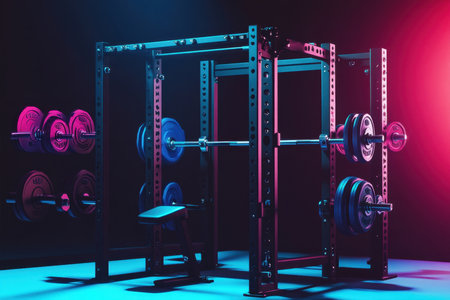 A weightlifting setup features a power rack filled with plates, illuminated by colorful lights at a gym.の写真素材