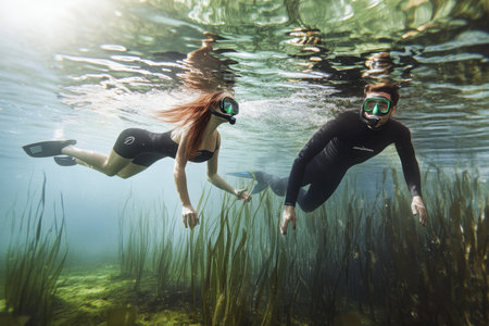 Two divers navigate through clear water, surrounded by vibrant aquatic plants, enjoying an underwater adventure.の写真素材
