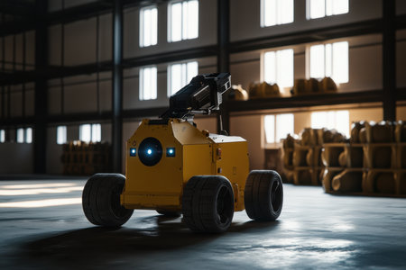 A yellow robotic device is moving between shelves in a spacious warehouse during the afternoon.の写真素材