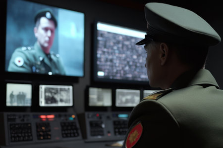 A soldier observes multiple screens showing surveillance data and mission footage in a command center.の写真素材