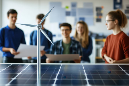 Students gather to present their renewable energy projects, featuring a small wind turbine and solar panels.の写真素材
