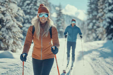 Friends ski through a beautiful snow-covered landscape under a clear blue sky surrounded by trees.の写真素材