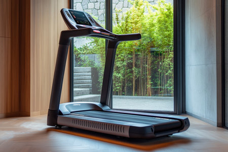 A sleek treadmill is set against a backdrop of greenery and natural light streaming through a window.の写真素材