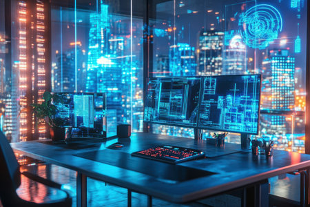 A sleek and modern workspace features multiple monitors showcasing data and analytics against a night city backdrop.の写真素材