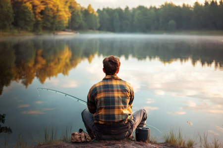 A person sits quietly by a serene lake at dawn, casting a line while enjoying nature and autumn colors.の写真素材