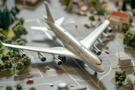 A detailed model airplane lands on an intricately designed miniature airport with surrounding buildings and trees.の写真素材