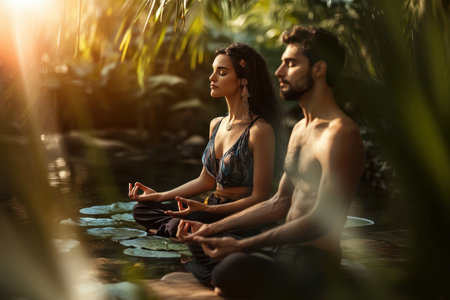 Two individuals practice meditation on lily pads, immersed in nature's tranquility at sunset.の写真素材