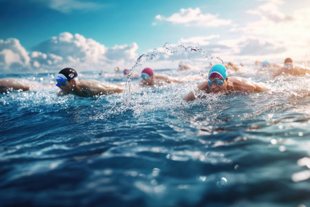 Participants splash through waves during a competitive open water swimming event under a clear sky.の写真素材