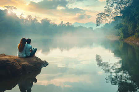 A couple sits closely on a rock by the calm lake, surrounded by trees, as the sun sets in the background.の写真素材
