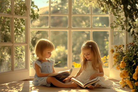 Two girls are seated on a soft surface, absorbed in reading books, with sunlight streaming in through windows.の写真素材