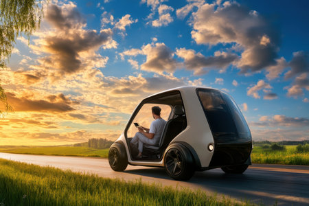 A person enjoys a relaxing drive in a compact electric vehicle on a winding road during sunset.の写真素材