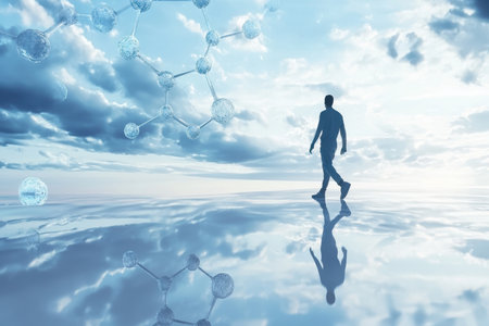 A figure strolls across a reflective surface under a vast sky filled with clouds and molecular diagrams.の写真素材