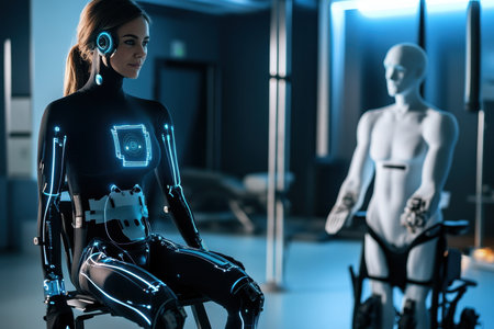 A woman in a sleek, high-tech suit interacts with a humanoid robot in a modern robotics lab at night.の写真素材