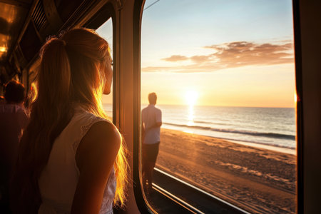 A woman gazes at a beautiful sunset over the ocean from a train window on a coastal route.の写真素材