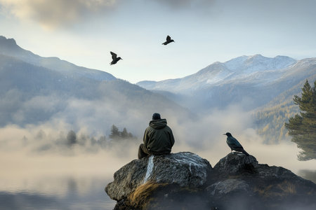 A person sits on a rock near a misty lake, surrounded by mountains and soaring birds at sunrise.の写真素材
