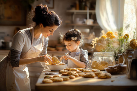 A mother and daughter joyfully prepare cookie dough, surrounded by baked treats and kitchen decor.の写真素材