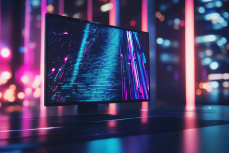 A sleek monitor showcases colorful data streams against a backdrop of neon lights during nighttime.の写真素材