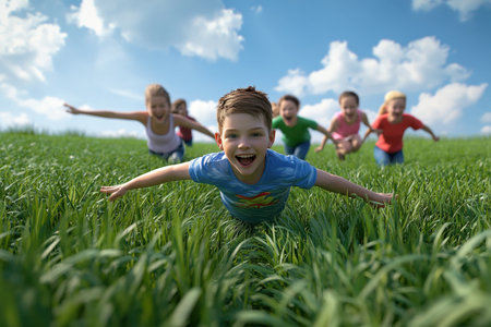 A group of kids runs joyfully through a lush green field, arms outstretched, enjoying a sunny day.の写真素材