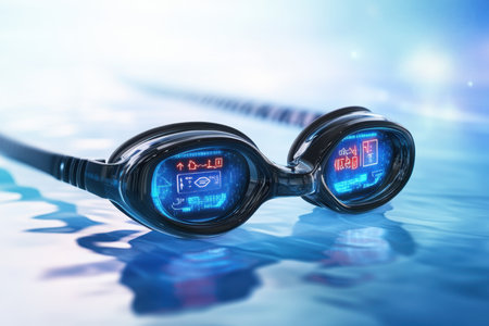 Innovative swimming goggles feature a digital display, providing real-time performance data while training in water.の写真素材