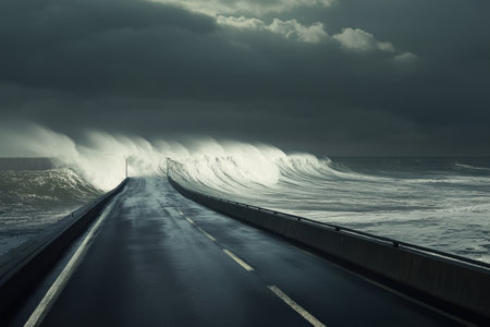A dramatic view of a coastal road being overwhelmed by large waves under dark stormy skies.の写真素材