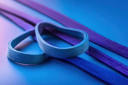 Two distinct elastic bands are placed on a gradient of blue and purple surfaces, showing vibrant colors.の写真素材