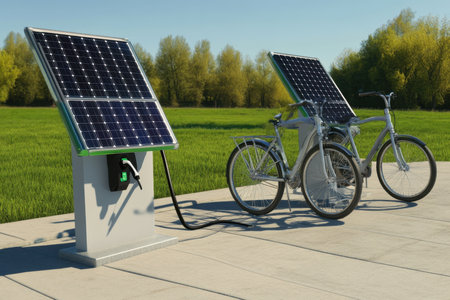 Two electric bicycles are parked next to solar panels in a sunny park, ready for charging under blue skies.の写真素材