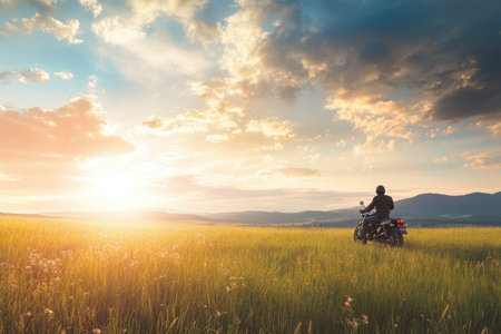 A motorcycle rider watches the sunset over a lush field, surrounded by mountains and colorful skies.の写真素材