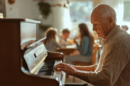An elderly man is playing piano while children gather around and chat cheerfully in the background.の写真素材