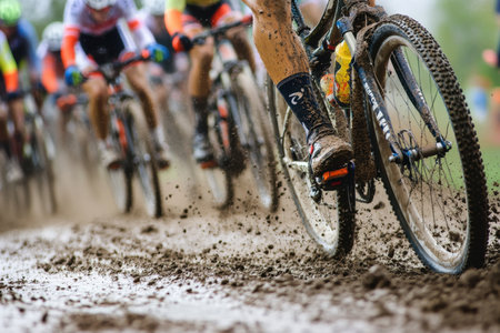 Cyclists racing through a muddy path, splashing dirt in a lively competition in an outdoor setting.の写真素材