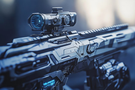 A close-up of a modern rifle featuring high-tech optics against a blurred background, highlighting its design elements.の写真素材