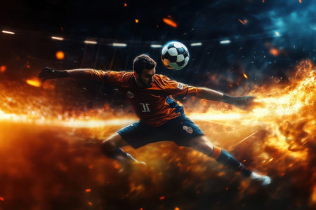 Athletic goalkeeper leaps to block a powerful soccer shot in a vibrant stadium illuminated by cheering fans.の写真素材