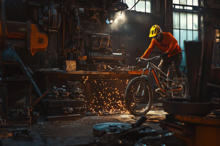 A skilled mountain biker showcases tricks in a workshop filled with tools and machinery at dusk, creating sparks.の写真素材