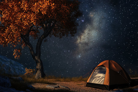 A cozy orange tent sits on a path surrounded by fall foliage under a starry night filled with the Milky Way.の写真素材
