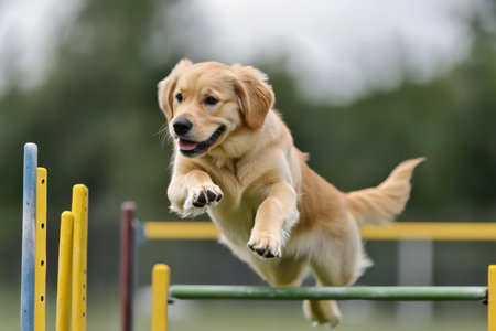 A golden retriever skillfully leaps over a colorful agility jump while training outdoors.の写真素材