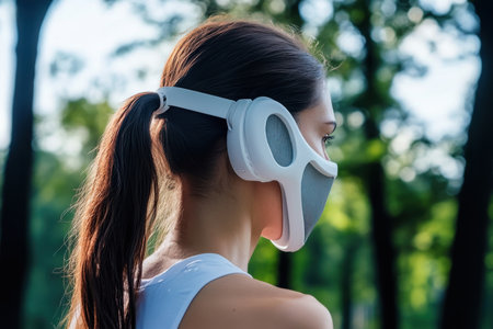 Woman jogs in a park while wearing a protective mask, enjoying a sunny day surrounded by trees.の写真素材