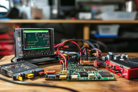 Various electronic circuits, tools, and a screen are arranged on a workbench in a tech workshop setting.の写真素材