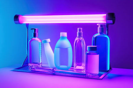 A striking arrangement of different bottles is illuminated by vibrant neon lights, creating a modern aesthetic.の写真素材