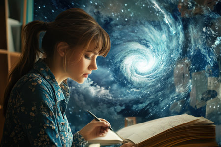 A young woman focuses on writing in a cozy environment with a swirling galaxy behind her, inspiring creativity.の写真素材