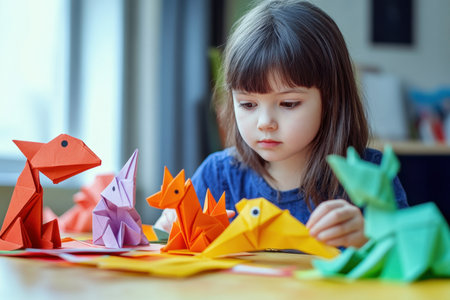 A young girl sits at a table focused on assembling vibrant origami creatures made from paper.の写真素材