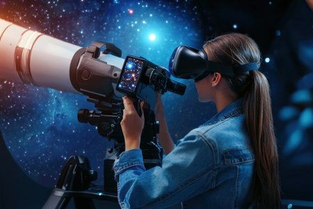 A person uses a virtual reality headset while looking through a telescope in a dimly lit observatory.の写真素材