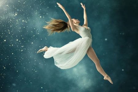 A dancer leaps exuberantly, showcasing elegance and strength while surrounded by shimmering stars.の写真素材