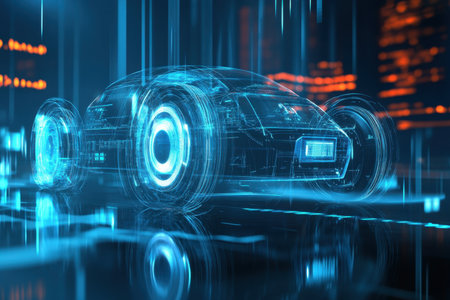 A detailed digital rendering showcases a glowing car with neon accents in a high-tech urban environment at night.の写真素材