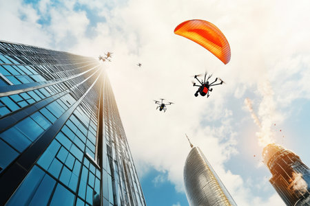 A paraglider with a bright canopy glides over tall buildings while drones hover nearby under a sunny sky.の写真素材