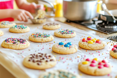 Cookies are being decorated with vibrant sprinkles in a sunny kitchen. Warm colors create a cheerful atmosphere.の写真素材