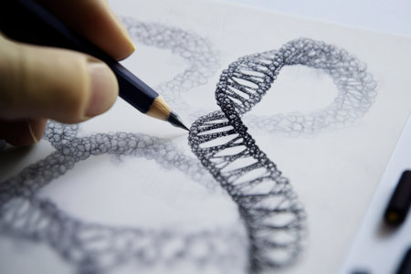 An artist diligently sketches a DNA double helix using a pencil, showing intricate details and precision.の写真素材